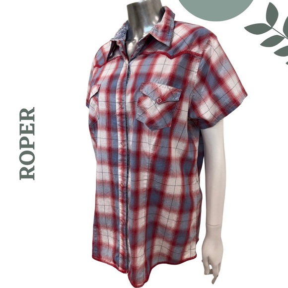 Roper Women’s Western Plaid Shirt Snap Front Red White Blue – Size XL - Picture 2 of 6